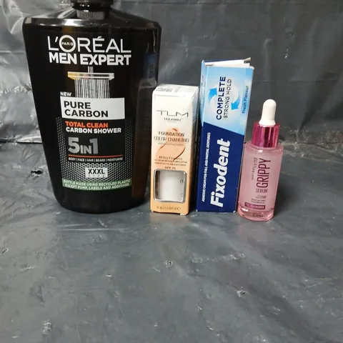 APPROXIMATEY 20 ASSORTED HEALTH AND BEAUTY PRODUCTS TO INCLUDE MAYBELLINE GRIPPY SERUM, FIXODENT CREAM AND L'OREAL MEN EXPERT SHOWER GEL