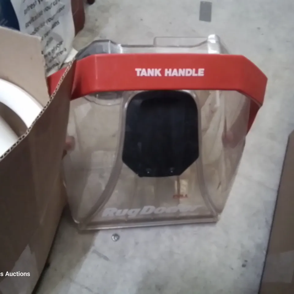 BOX OF ASSORTED RUG DOCTOR PRODUCTS & WASTE TANK