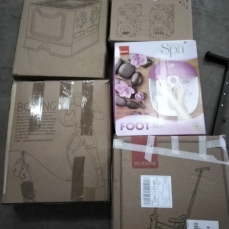 PALLET OF UNPROCESSED ITEMS TO INCLUDE BOXING SPEED BALL, CAT TUNNEL BOXES, AND FOOT SPA