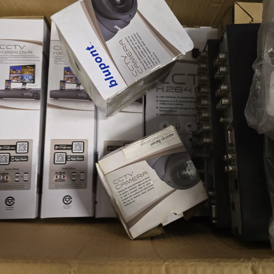 BOX OF APPROXIMATELY 10 ASSORTED ITEMS TO INCLUDE - CCTV H.264 DVR , BLUPONT CCTV CAMERA , LMS POWER NOTE BOOK POWER ADAPTER 