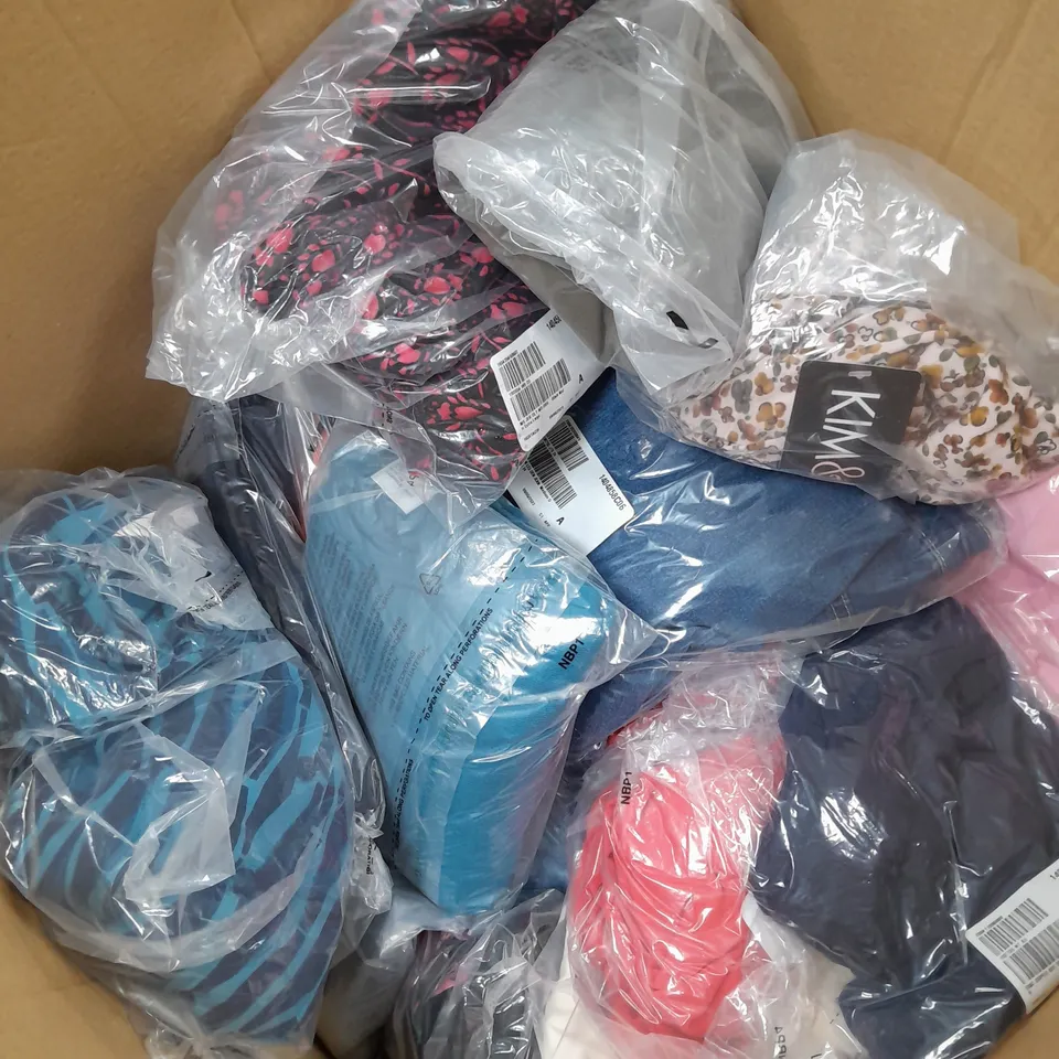 LARGE BOX OF ASSORTED CLOTHING ITEMS TOO INCLUDE TOPS , TROUSERS AND JUMPERS COMING IN DIFFERENT COLOURS AND SIZES 