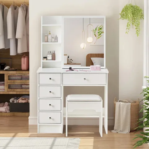 BOXED AMYA DRESSING TABLE SET [SLIDING MIRROR] IN WHITE