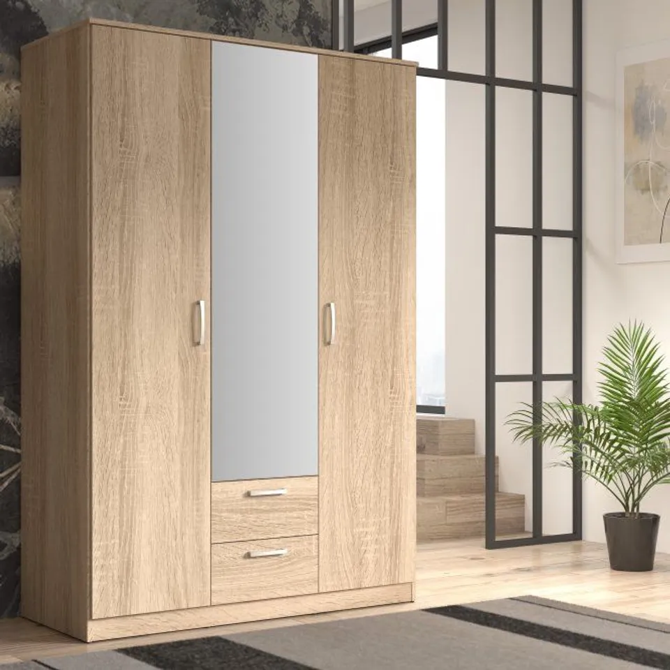 BOXED NIKO 120 CM MIRRORED WARDROBE WITH DRAWERS, SONOMA OAK (3 BOXES)