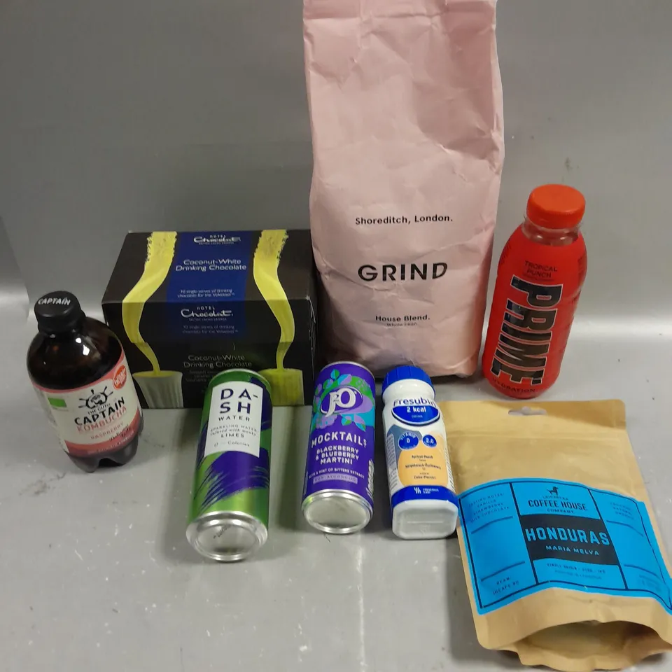 APPROXIMATELY 15 ASSORTED FOOD & DRINK PRODUCTS TO INCLUDE GRIND COFFEE, J2O MOCKTAILS, HOTEL CHOCOLAT DRINKING COFFEE ETC 