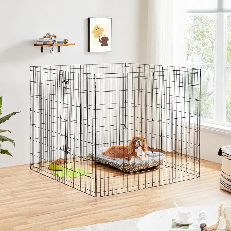 BOXED YAHEETECH METAL PET PLAYPEN, 8 PANEL FOLDABLE PLAYPEN - BLACK (1 BOX)