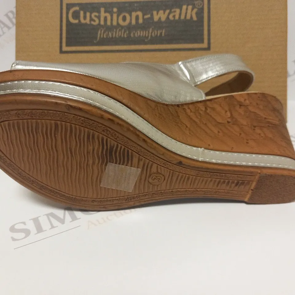 BOXED PAIR OF CUSHION WALK SILVER WEDGE HEELED SHOES - SIZE 3