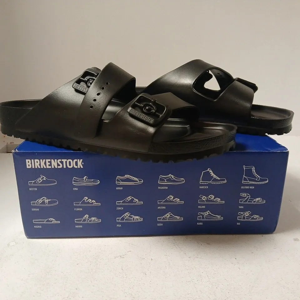BOXED PAIR OF BIRKENSTOCK ARIZONA EVA OPEN TOE SANDALS IN BLACK SIZE UK 10.5