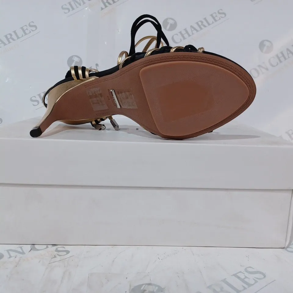 BOXED PAIR OF REISS CASSIDY STRAPPY HEELS IN BLACK/GOLD SIZE 5