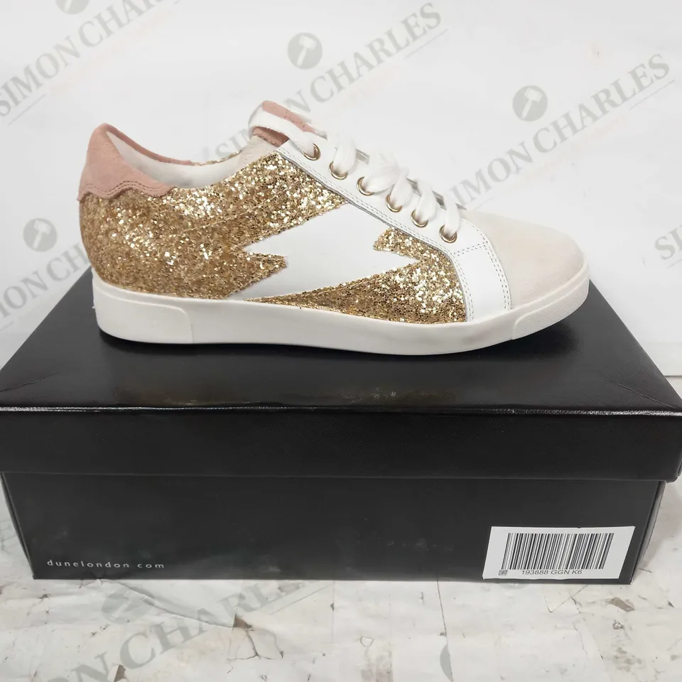 BOXED PAIR OF DUNE LONDON TRAINERS IN GOLD COLOUR W. GLITTER EFFECT UK SIZE 6