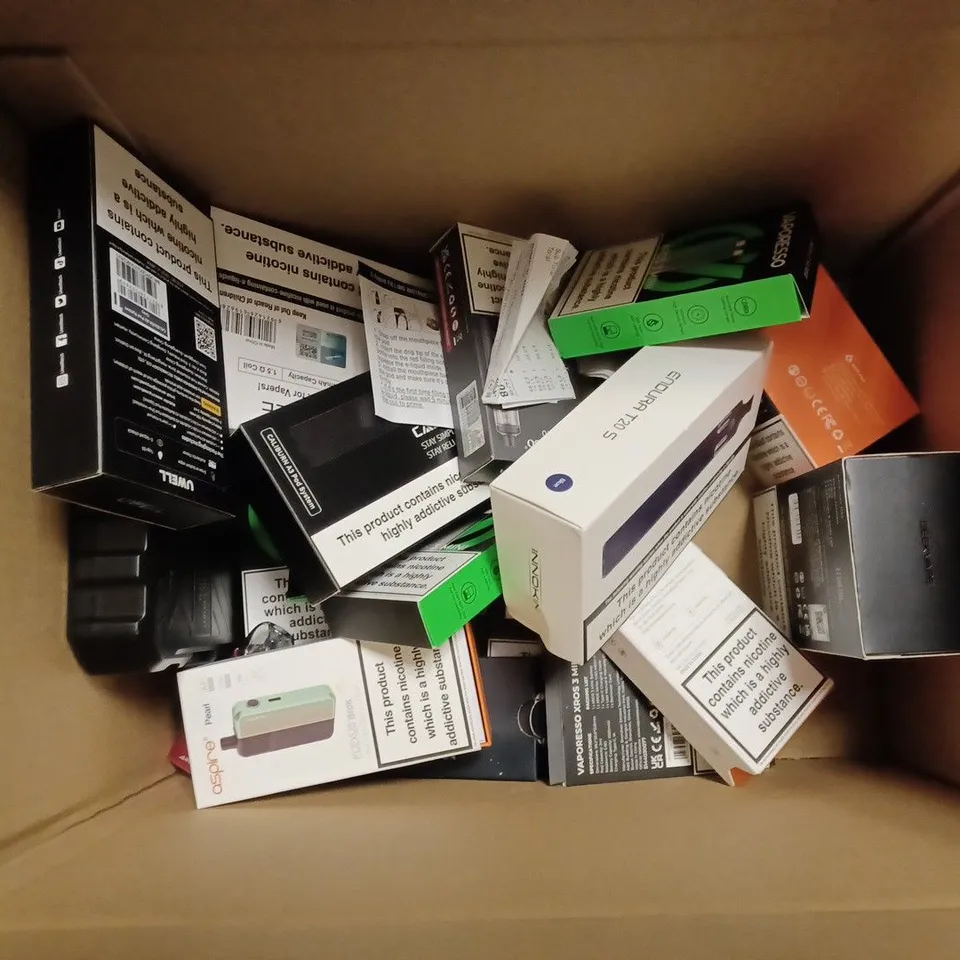 BOX OF APPROX 14 ASSORTED E-CIGARETTES TO INCLUDE -VAPORESSO GEN AIR 40 - VAPORESSO GTX GO 40 - UWELL CALIBURN A2 POD SYSTEM ECT