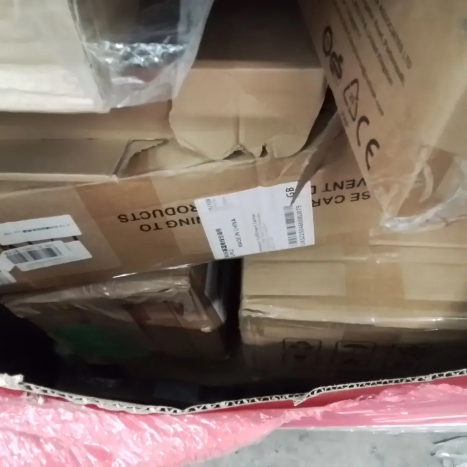PALLET CONTAINING VARIOUS ASSORTED HOUSEHOLD ITEMS TO INCLUDE: ELECTRIC WEED SWEEPER, PC MONITOR, BABY PLAYPEN AND LOTS MORE UNMARKED BOXED ITEMS 
