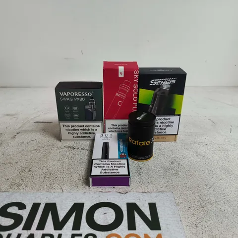 BOX OF APPROXIMATELY 30 ASSORTED E-CIGARETTES AND COMPONENTS TO INCLUDE VAPORESSO, SENSIS, RAFALE X ETC