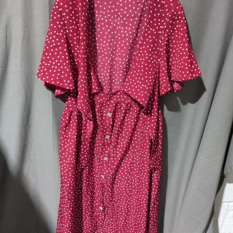 SHEIN WOMEN’S PINK POLKA DOT DRESS – BUTTON FRONT, FLUTTER SLEEVES SIZE L