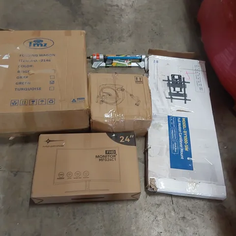 PALLET OF ASSORTED ITEMS INCLUDING: MINIFIRE FHD 24" MONITOR, FOLDING WAGON, HOSE REEL, FULL MOTION CANTILEVER MOUNT, OSCILLATING SPRINKLER ECT