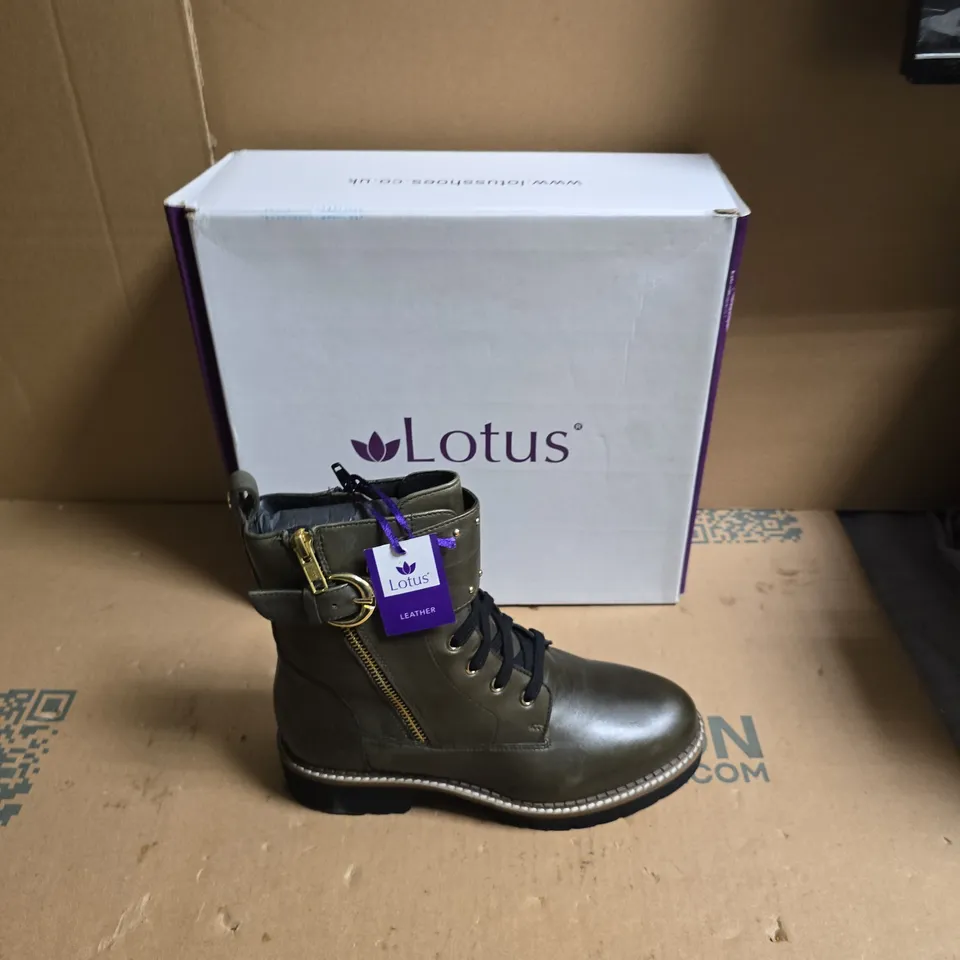 LOTUS LEATHER ANKLE BOOTS – OLIVE GREEN, STUDDED COLLAR & ZIPPER - UK SIZE 4