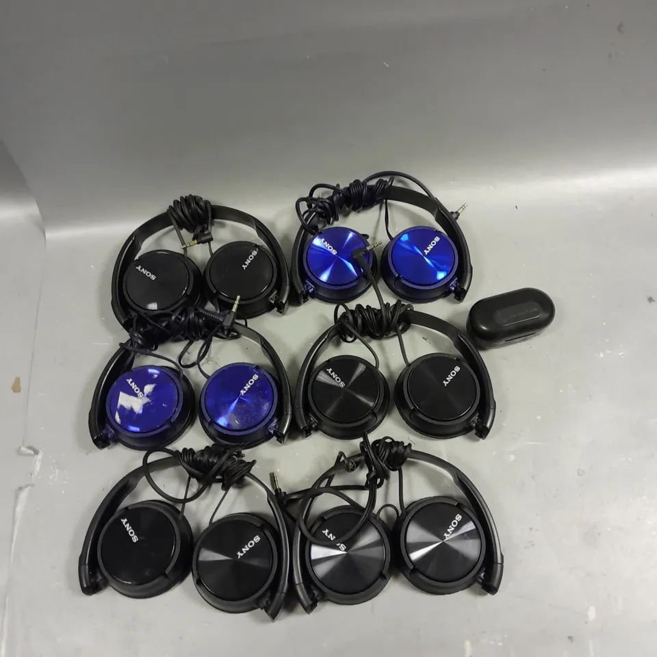 LOT OF SIX SONY HEADPHONES AND JLAB EAR BUDS