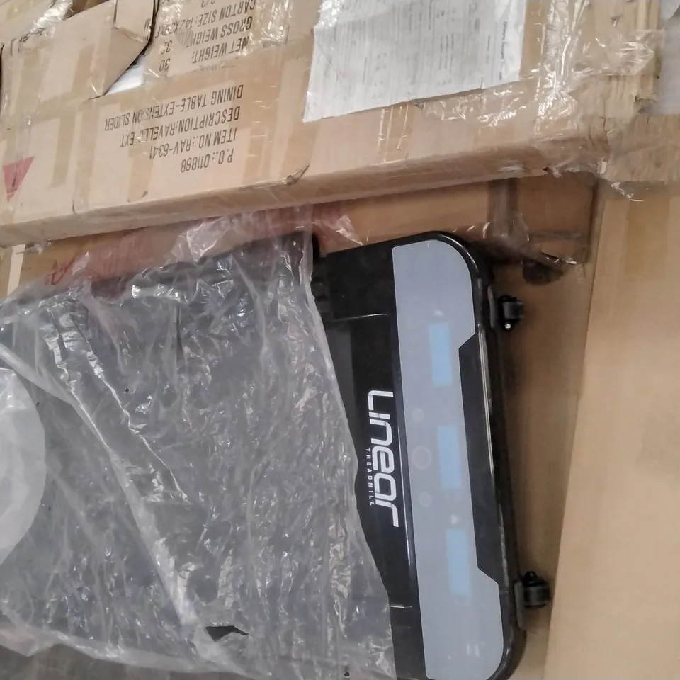 PALLET OF ASSORTED ITEMS INCLUDING ECO 18 SHELF PACK, LINEAR TREADMIL, RAVELL EXTENDING DINING TABLE PARTS, BOXED FLATPACK FURNITURE PARTS