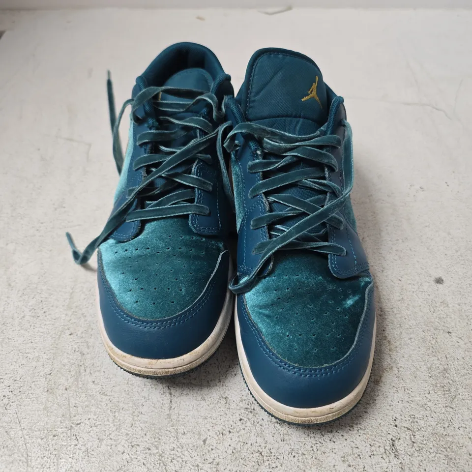 NIKE AIR JORDAN LOW-TOP SNEAKERS, TEAL/BLUE WITH GOLD SWOOSH - UK 5.5