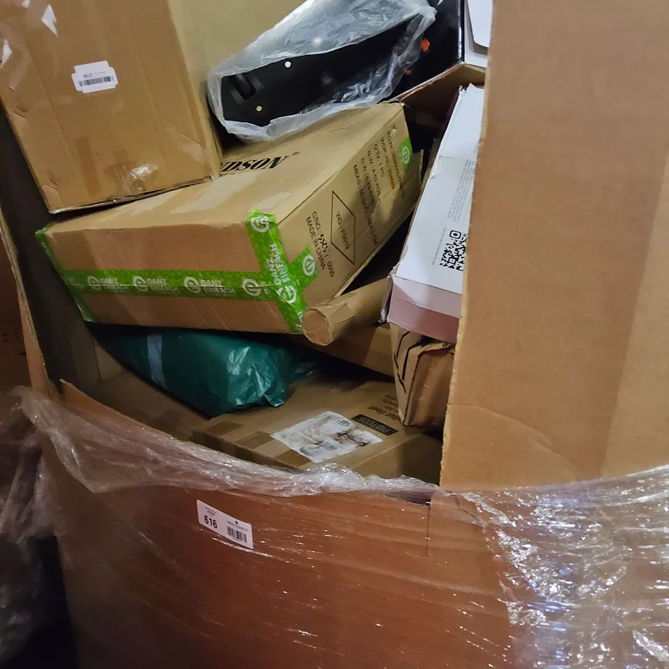 PALLET OF ASSORTED ITEMS TO INCLUDE, SMART BOXING WALL TARGET, ELECTRIC HOT POT & GRILL, RICE COOKER, WIRELESS MOUSE & KEYBOARD SEG, JUMBO TRANSPORT HELICOPTER TOY SET, VENETIAN BLIND, PULL UP BAR.