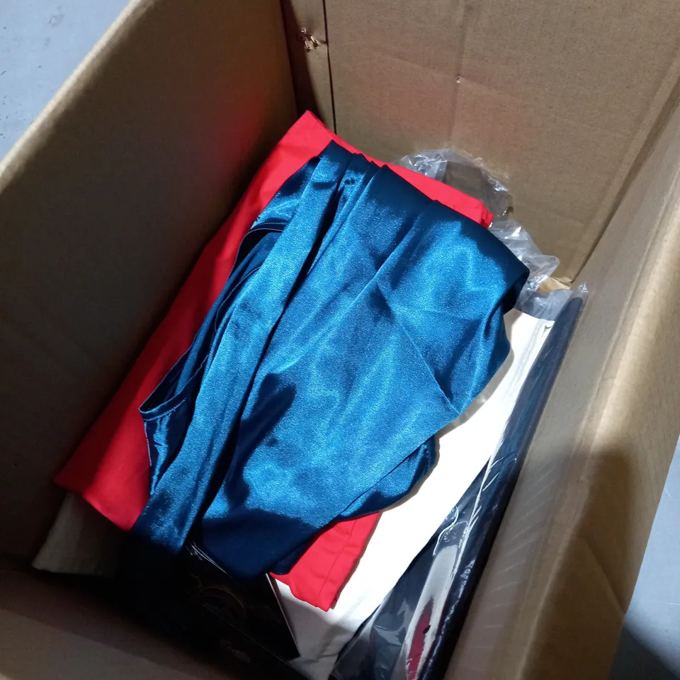 BOX OF 10 CLOTHING ITEMS TO INCLUDE TOPS, EARRINGS, SKIRTS ETC