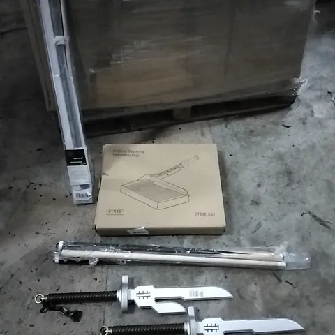 PALLET OF HOUSEHOLD ITEMS TO INCLUDE TOY SWORDS, VENETIAN BLINDS, PAPER CUTTER, POOL CUES AND OTHER ASSORTED ITEMS...