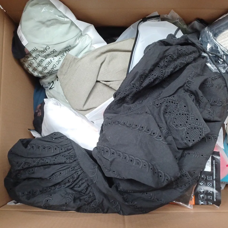 BOX OF ASSORTED CLOTHING ITEMS IN VARIOUS COLOURS, SIZES AND STYLES