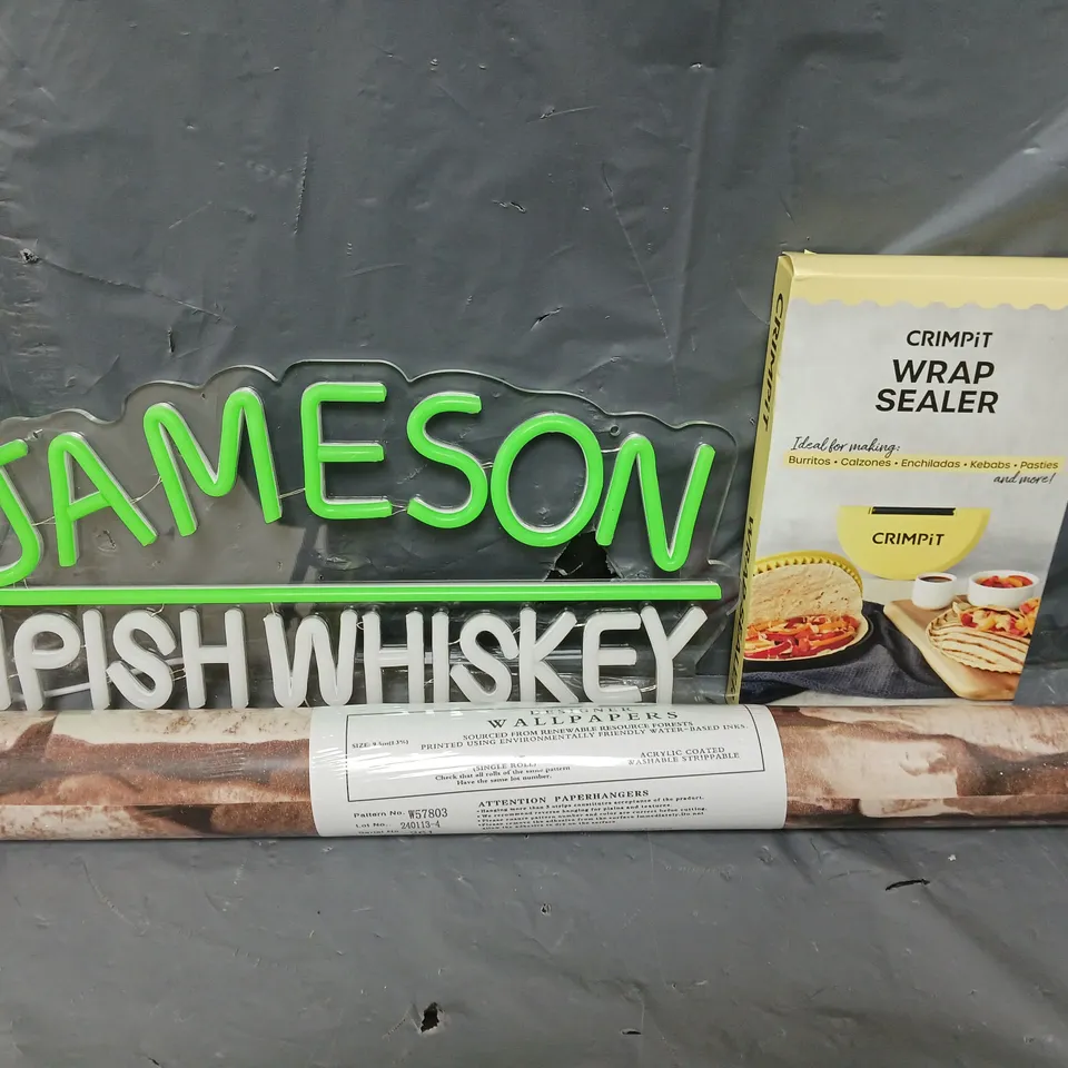 APROXIMATELY 16 ASSORTED HOUSEHOLD ITEMS TO INCLUDE JAMESON IPISH WHISKY NEON SIGN, WALLPAPER, CRIMPIT WRAP SEALER, ETC