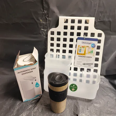 APPROXIMATELY 10 ASSORTED HOUSEHOLD PRODUCTS TO INCLUDE SOAP DISPENSER, HANGING CADDY, DRINKS CONTAINER ETC 