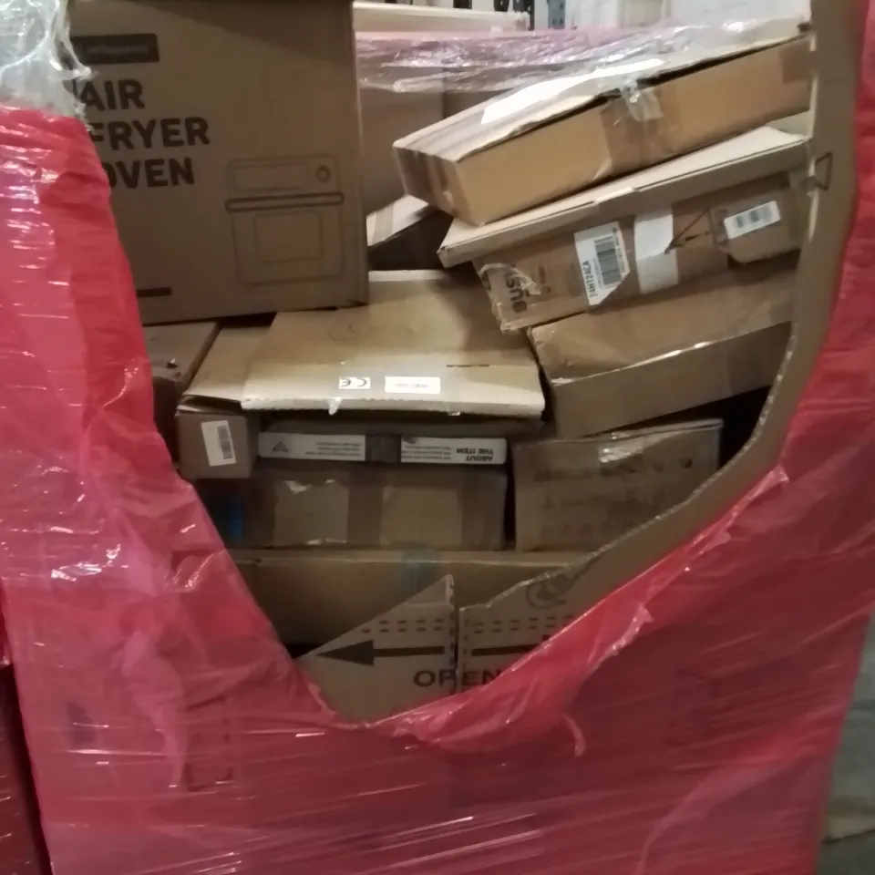 PALLET CONTAINING VARIOUS ASSORTED BOXED HOUSEHOLD ITEMS TO INCLUDE: AIR FRYER, 7L GRAPE PRESSER,BLENDER AND LOTS MORE UNMARKED BOXED ITEMS 