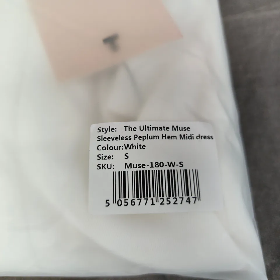 BAGGED ODDMUSE THE ULTIMATE MUSE SLEEVELESS PEPLUM HEM MIDI DRESS - WHITE, UK SIZE S
