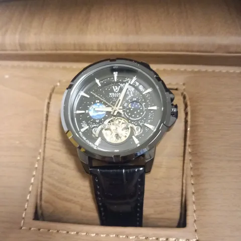 MENS WILLIAM JOURDAIN AUTOMATIC 2580 WATCH β OPEN HEART MOVEMENT WITH SUB DIALS β GLASS EXHIBITION BACK CASE β BLACK GENUINE LEATHER STRAP