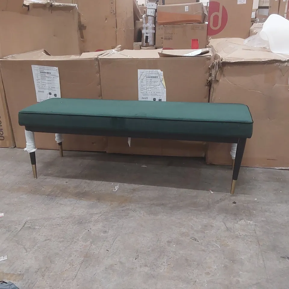 BOXED DANETTI CLOVER DARK GREEN PLUSH VELVET, BLACK WOOD WITH BRASS CAPS BENCH
