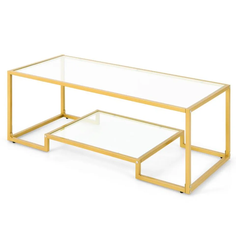BOXED COSTWAY MODERN 2-TIER RECTANGULAR COFFEE TABLE WITH GLASS TABLE TOP - GOLD