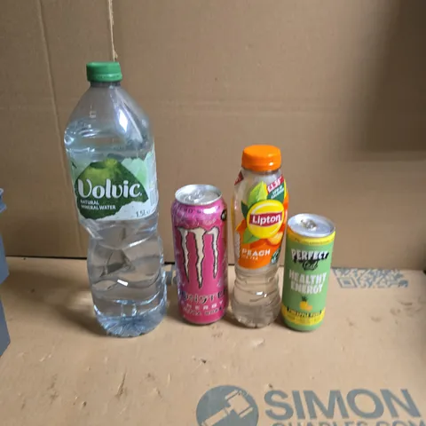 TOTE OF APPROXIMATELY 15 ASSORTED DRINKS ITEMS TO INCLUDE VOLVIC MINERAL WATER, MONSTER ENERGY ULTRA ROSA AND LIPTON PEACH ICED TEA