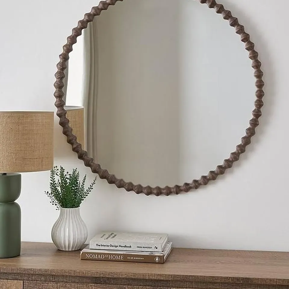 ROUND WOODEN BOBBIN MIRROR 80CM - BROKEN GLASS