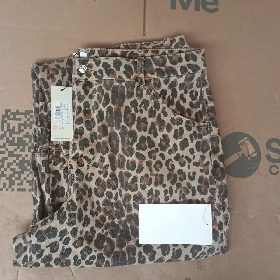 NEVER FULLY DRESSED LEOPARD BARREL JEANS IN BROWN SIZE UK 16