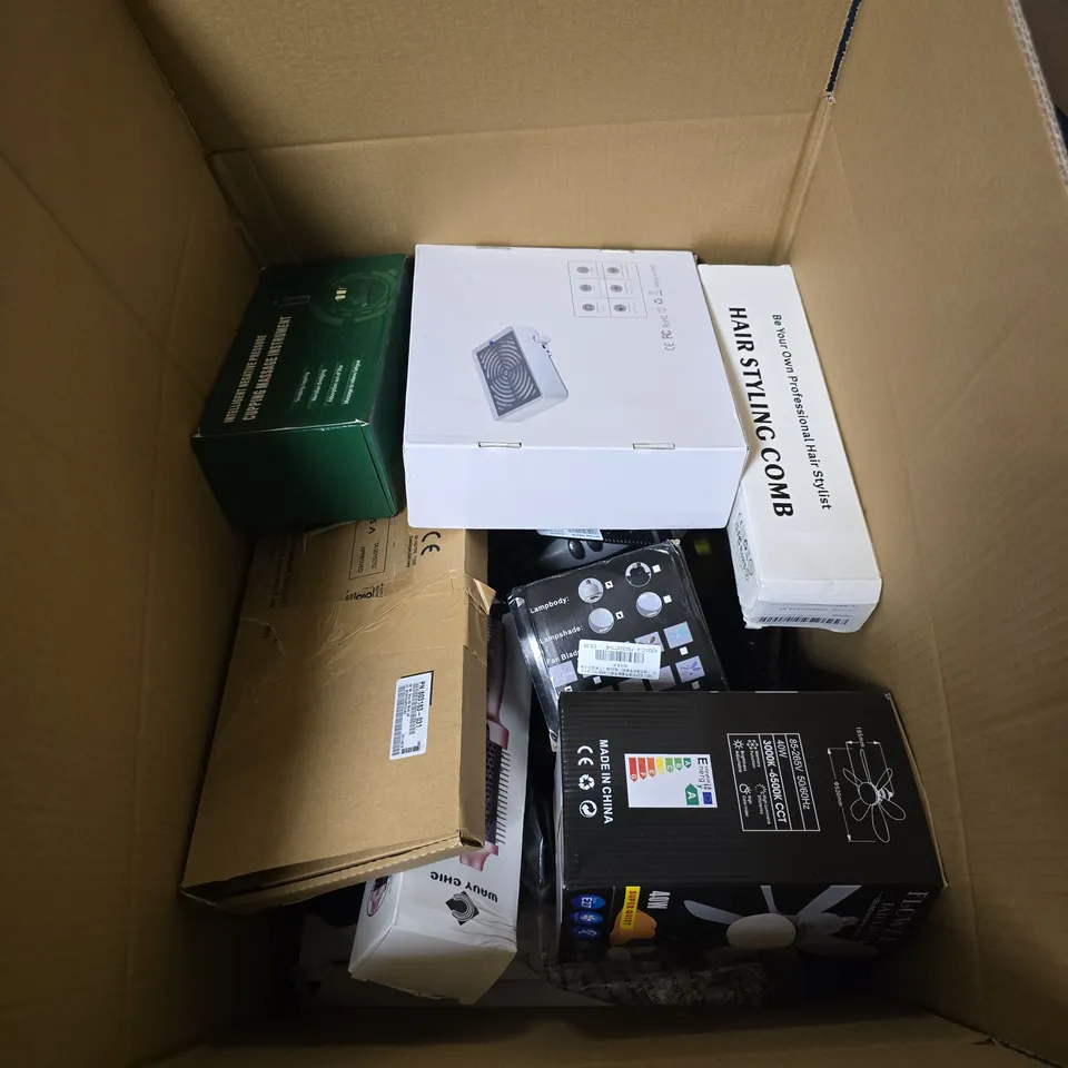 BOX OF APPROXIMATELY 15 ASSORTED ITEMS TO INCLUDE WAVY CHIC HAIR STYLING COMB, FLOWER FAN LIGHT, CUPPING MASSAGE INSTRUMENT, VIRGIN WIFI 6 HUB, NAIL CLEANING MACHINE ETC