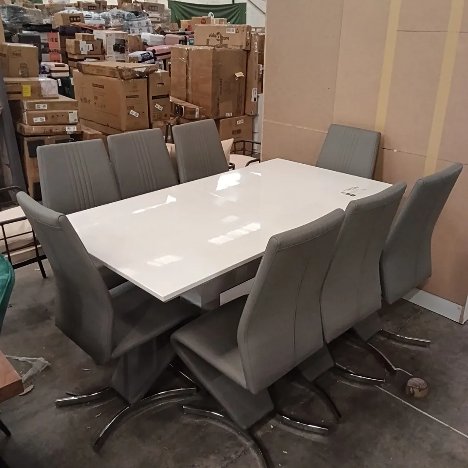 ALEZZO MODERN HIGH GLASS EXTENDABLE DINING TABLE SET WITH 8 FAUX LEATHER CHAIRS (9 PARTS) - WHITE/GREY
