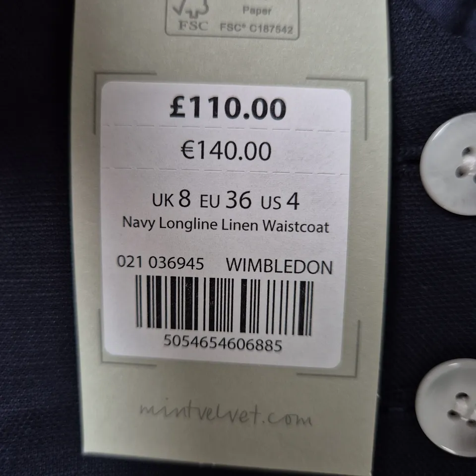 UK 8 MINT VELVET NAVY LONGLINE LINEN WAISTCOAT (EU 36)