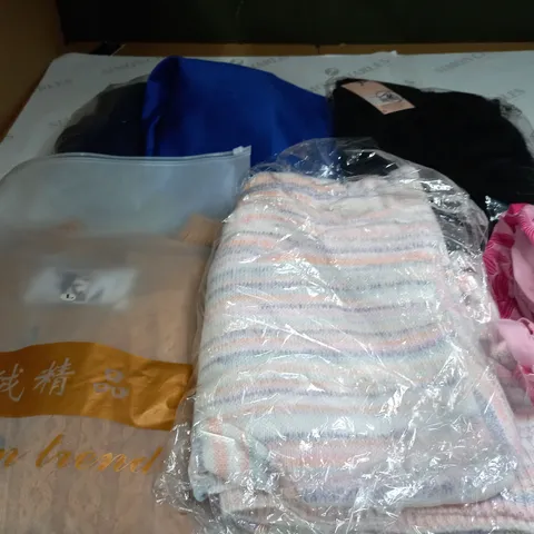BOX OF ASSORTED CLOTHING ITEMS TOO INCLUDE JUMPERS, SHIRTS AND TROUSERS IN VARIOUS SIZES AND COLOURS   