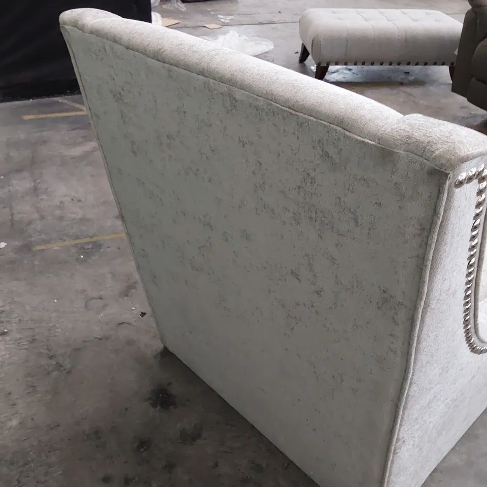 DESIGNER EASY CHAIR SILVER PLUSH FABRIC WITH STUDDED DETAIL 