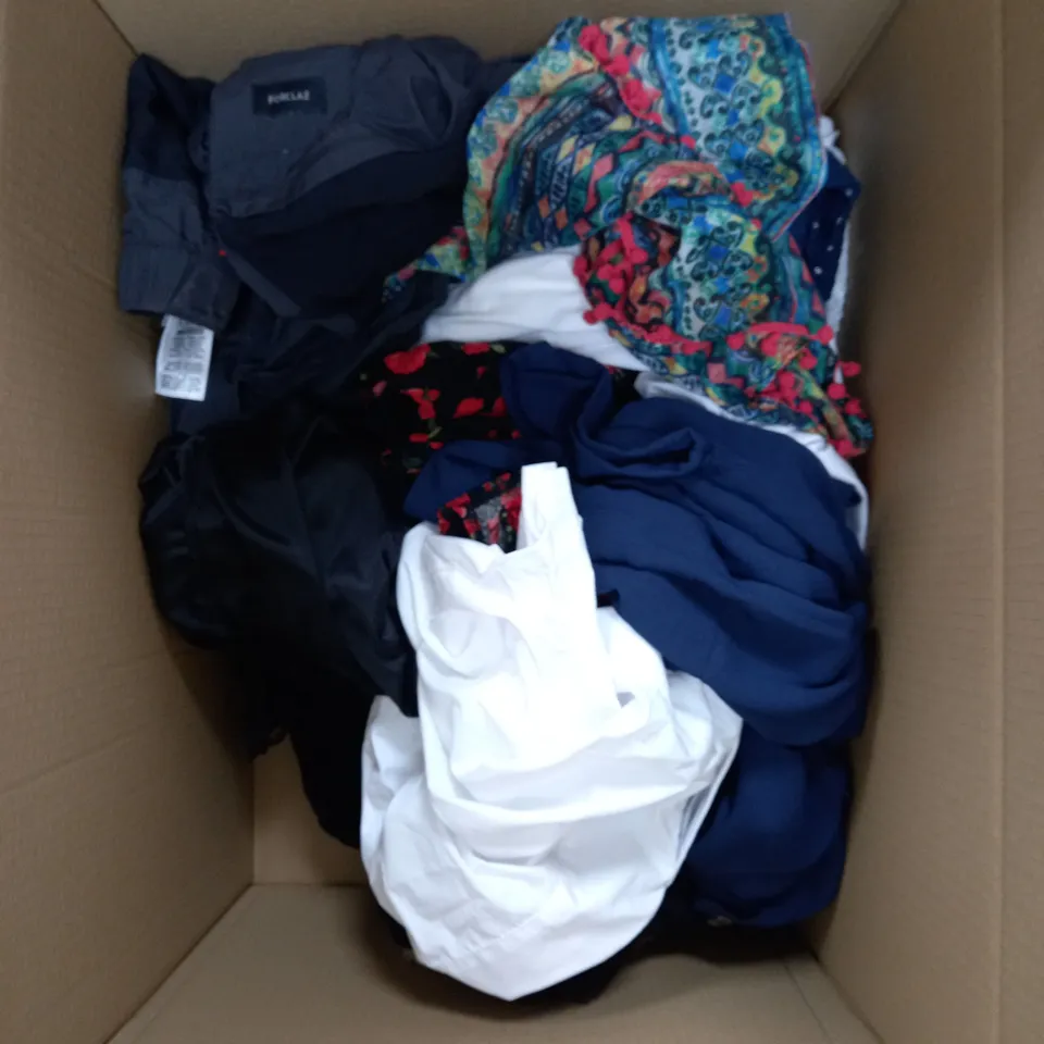 BOX OF APPROXIMATELY 20 ASSORTED CLOTHING PRODUCTS IN VARIOUS SIZES TO INCLUDE JUMPERS, T-SHIRTS, PANTS ETC 