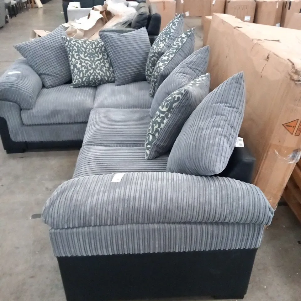 DESIGNER GREY CORDED FABRIC AND BLACK SUEDE EFFECT CORNER SOFA WITH SCATTER CUSHIONS