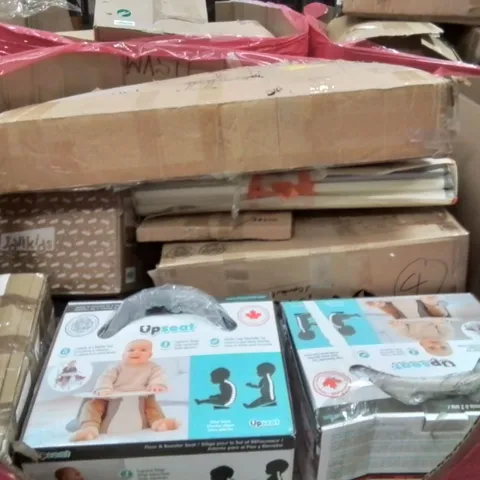 PALLET CONTAINING VARIOUS ASSORTED BOXED HOUSEHOLD ITEMS TO INCLUDE: BABY UPSEATS, BABY SWING, KIDS BOOSTER SEATS, BBQ GRILL AND LOTS MORE UNMARKED BOXED ITEMS