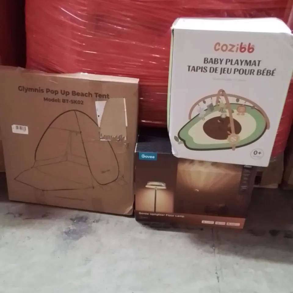 PALLET OF ASSORTED HOUSEHOLD GOODS AND PRODUCTS TO INCLUDE;BABY PLAYMAT,POP UP BEACH TENT,GOVEE FLOOR LAMP