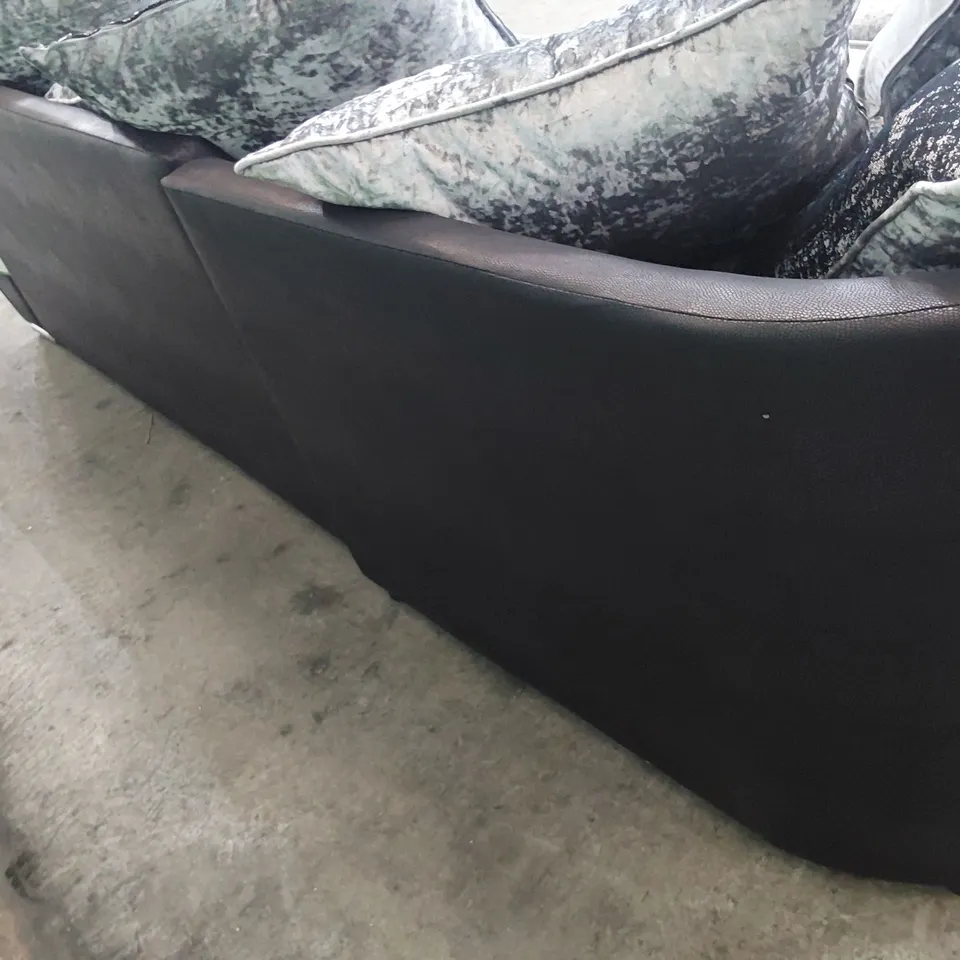 DESIGNER CORNER WITH SCATTER CUSHIONS BLACK FAUX LEATHER & SILVER CRUSHED VELVET 