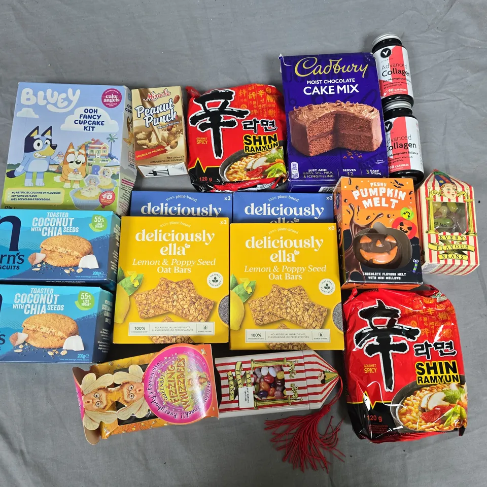 LOT OF APPROXIMATELY 30 ASSORTED FOOD ITEMS TO INCLUDE BLUEY CUPCAKE KIT, ELLA OAT BARS AND STEPH N JOES POPCORN