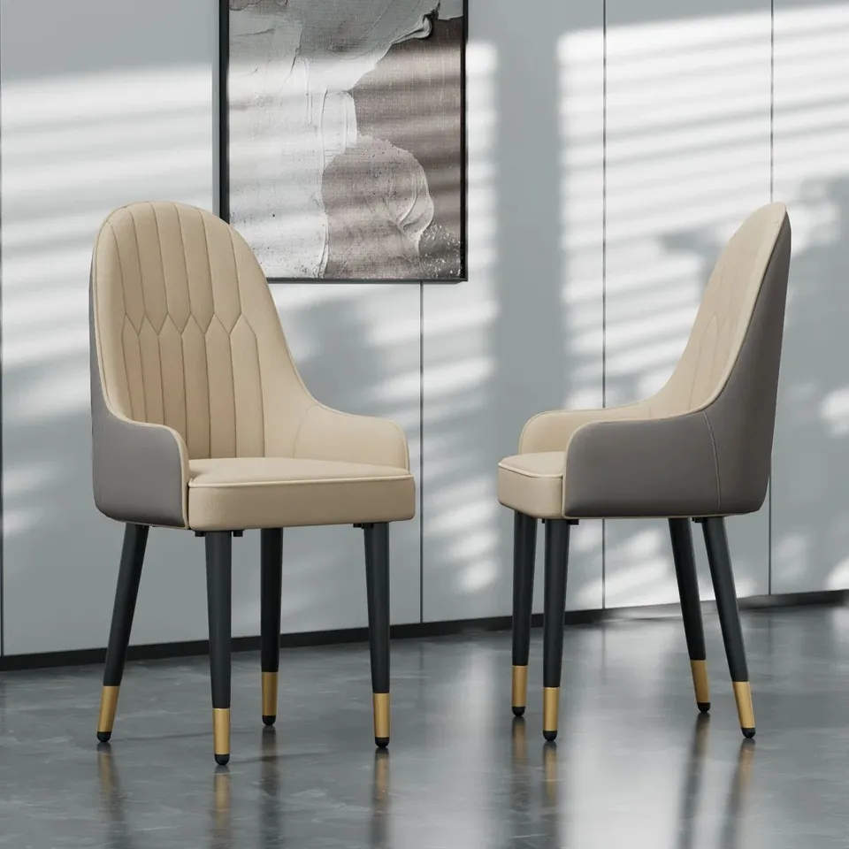 BOXED SET OF 2 LEATHER DINING CHAIRS UPHOLSTERED HIGH BACK SOFT PADDED SEAT - CREAM/GREY