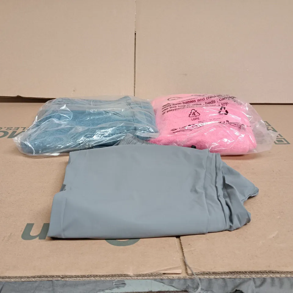 BOX OF APPROXIMATELY 25 ASSORTED CLOTHING ITEMS TO INCLUDE PINK KNITTED JUMPER, JEANS, NEW SPORT GREY TROUSERS ETC