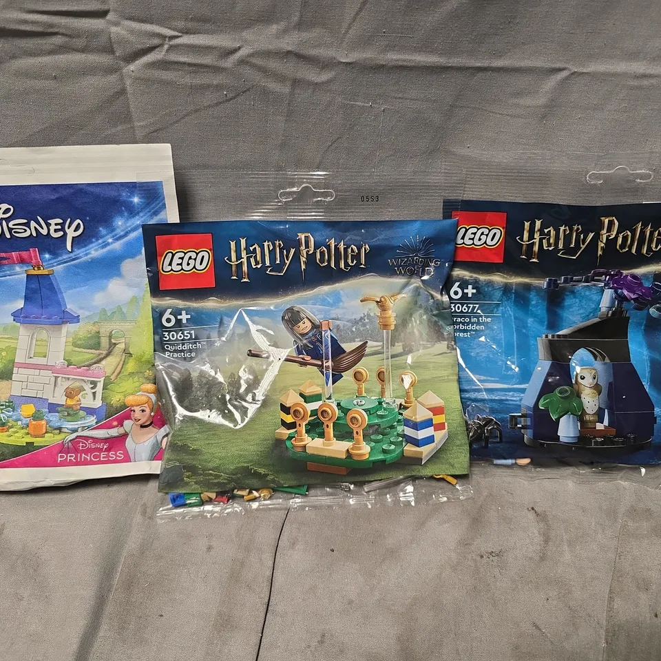 LOT OF 3 SEALED LEGO BAGS INCLUDES HARRY POTTER QUIDDITCH PRACTICE AND DRAGO FOREST PLUS DISNEY CINDERELLA GARDEN CASTLE
